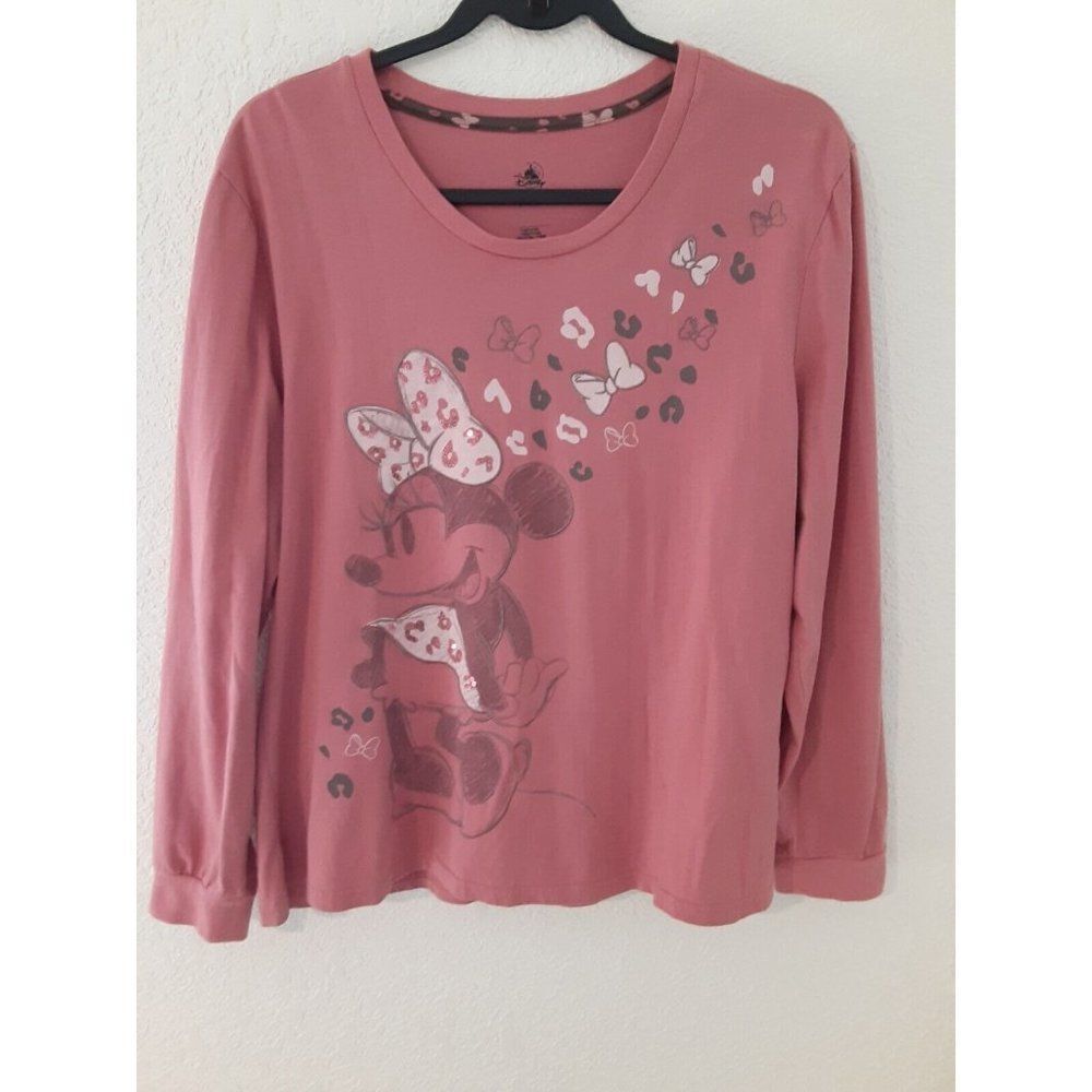 Disney Womens Pink Minnie Mouse Long Sleeve Graphic Shirt Top Sequin